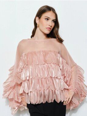 INA Mauve Ruffle Blouse Sheer Organza Scallop Layered Statement Top - Large